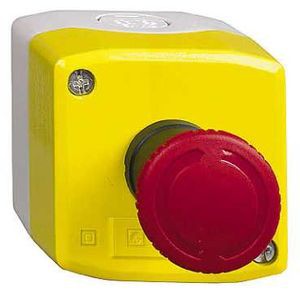 BOITE JAUNE 1 BOUTON ARR URGENCE MARQ NOEDSTOP ET LOGO ISO13850