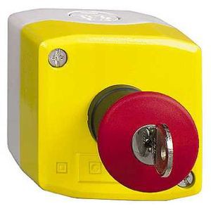 BOITE JAUNE 1 BOUTON ARR URGENCE MARQ NOEDSTOP ET LOGO ISO13850