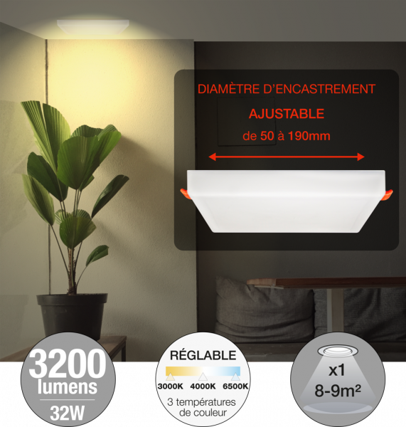 Spot encastré Blanc Carré 220x220 mm LED 32 W 3200 lm ONYX FRAMELESS Arlux – Température de Couleur Réglable à 3 Niveau