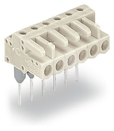 Female connector for rail-mount terminal 0.6 x 1 mm pins coudé, gris clair