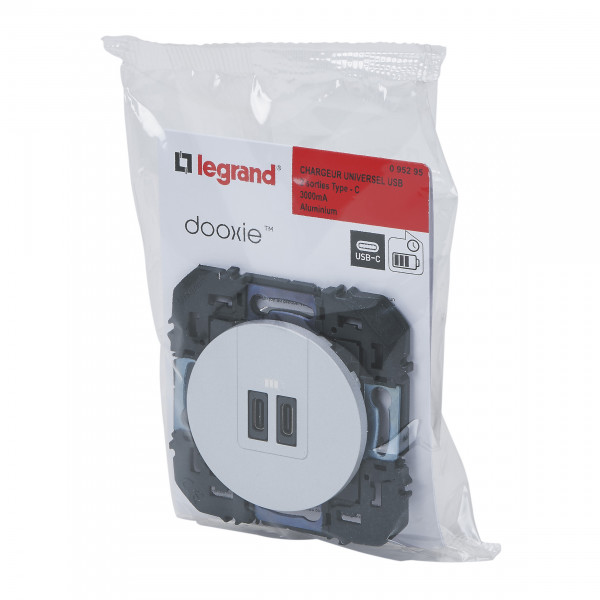 Legrand dooxie chargeur 2 usb c+c  3a 15w alu composable