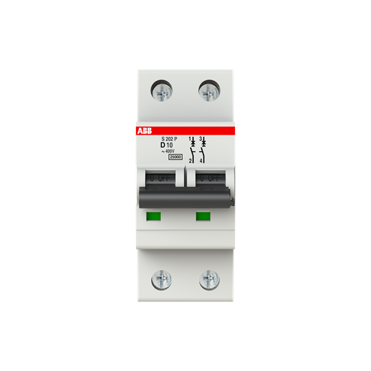 Disjoncteur s202p 2p 10a courbe d raccordement à vis - 25ka (2modules)