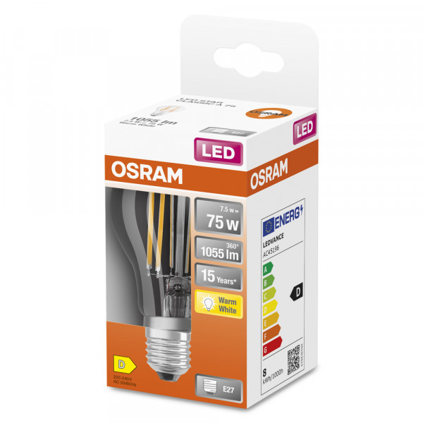 Led st classic a ver fil claire 8w=75 e27 chaud osram