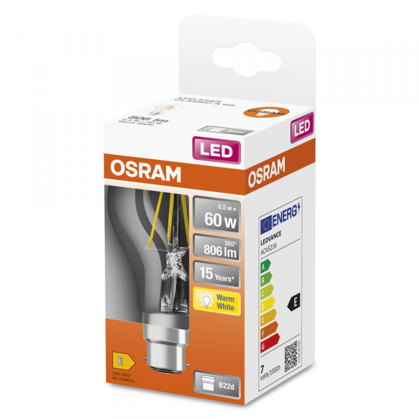 Led st classic a ver fil claire 7w=60 b22 chaud osram