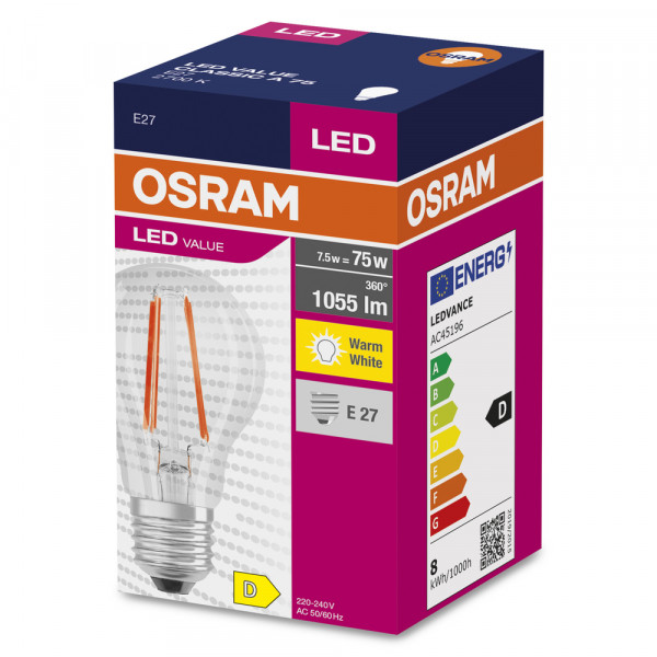 Led val classic a75 ver fil cl 7,5w 827 e27 1055lm osram