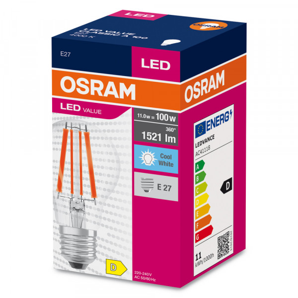 Led val classic a100 ver fil cl 11w 827 e27 1521lm osram