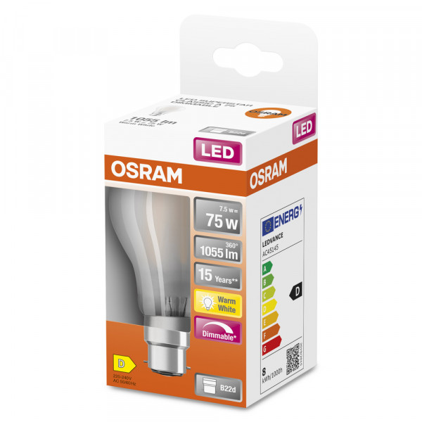 Osram led fil dim cla75 dépolie 827 b22 7,5w 1055lm verre