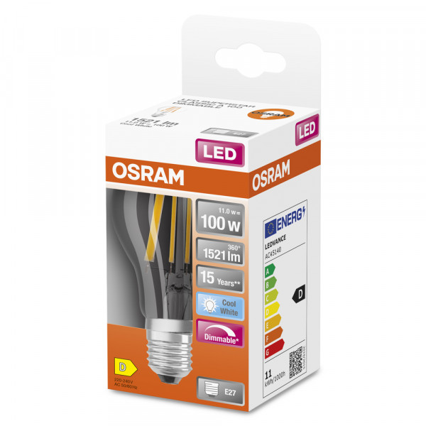 Osram led fil dim cla100 claire 840 e27 11w 1521lm verre