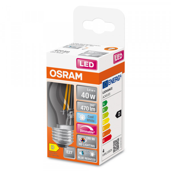 Led superstar+ sphérique clair filament variable 3,4w=40 e27 froid