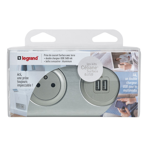 Legrand - prise de courant + chargeur 2 usb avec Plaque Legrand Céliane + boite à encastrer - alu