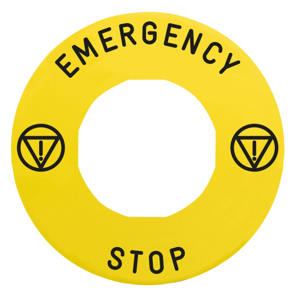 Etiquette Circulaire Harmony Schneider Jaune – Ø 60 mm – Logo EN13850 EMERGENCY STOP