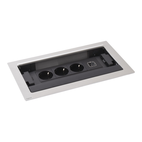 Prise flip-up 3x2p+t schuko + prise usb type-a+c - 8 modules - cordon 2m - métal