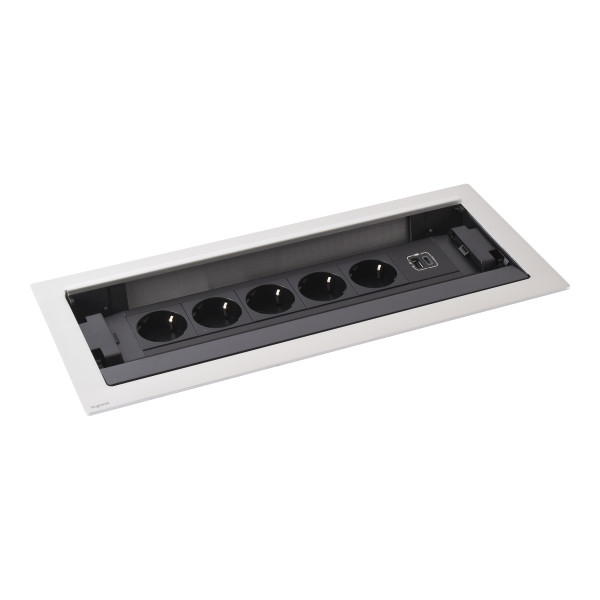 Prise flip-up 5x2p+t schuko + prise usb type-a+c - 12 mod - cordon 2m - métal