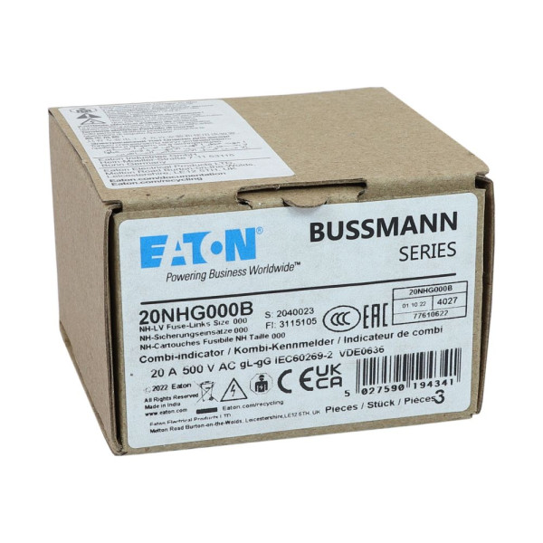 Nh fuse 20a 500v gg/gl size 000 