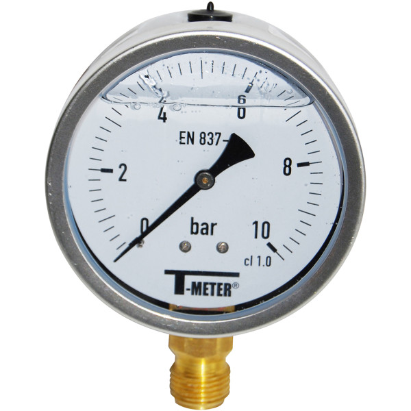 Manomètre à boitier inox -a bain-ø100-radial-raccord 1/2 bsp 0-10 bars 