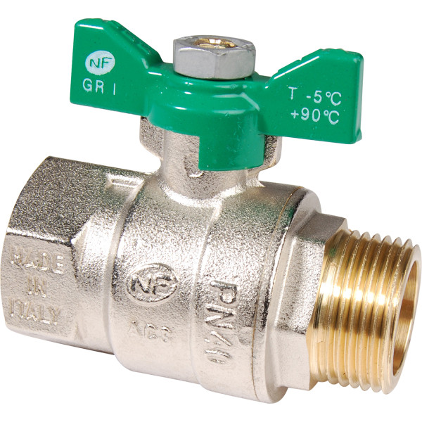 La vanne 1/4 de tour 569 sferaco dn 1 pn25- certifiée nf par le cstb, garantie 10ans; utilisation:chauffage sanitaire, eau potable, climatisation,arrosage, irrigation. portée plate large, sphère chromée percée, manette papillon verte