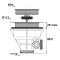 Bonde évier ø90mm, panier inox ø84mm, cuvette ø113mm, serrage 0 à 25mm