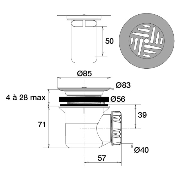 Bonde de douche ø60mm, grille ø85mm, sortie horizontale ø40mm