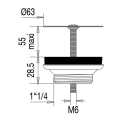 Bonde lavabo écoulement libre, grille inox ø63mm, serrage 0 à 55mm