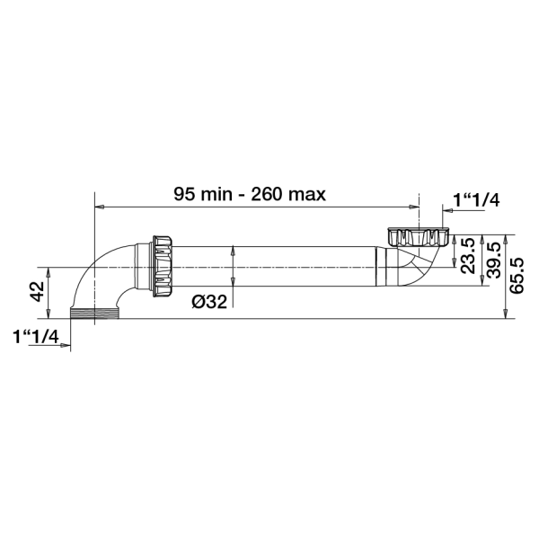 Tubulure gain d'espace lavabo, entraxe de 95 à 260mm, entrée et sortie 1"1/4