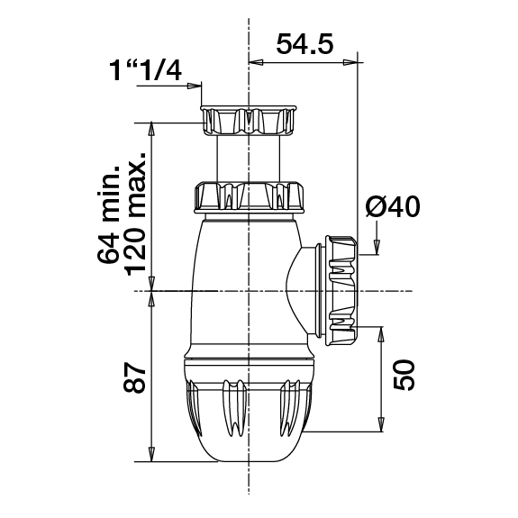 Siphon lavabo plastique, réglable 64/120mm, sortie ø40mm débit : 45 l/mn