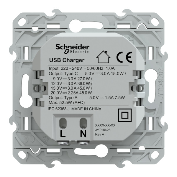 Prise de chargeur USB Schneider Odace type A 7,5W et C 45W Blanc