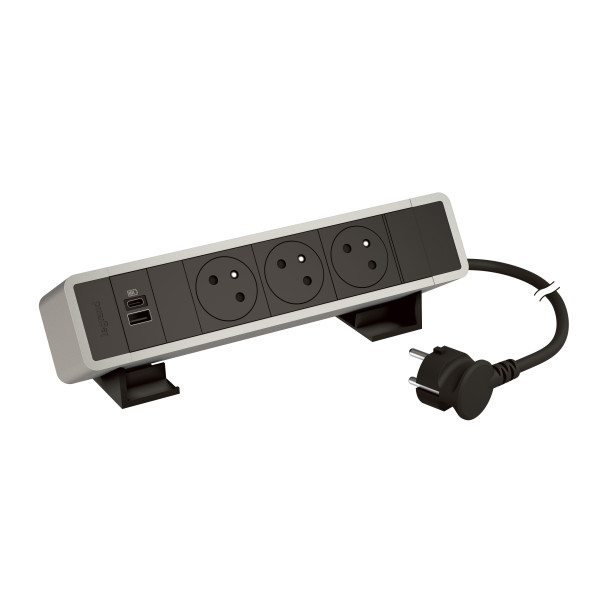 Bloc bureau 3x2p+t f/b + 1 usb a+c 15w cordon 2m fiche - alu-noir