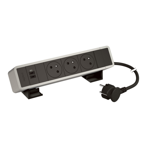 Bloc bureau 3x2p+t f/b + 1 usb c+c 15w cordon 2m fiche - alu-noir