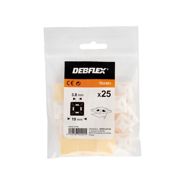 Sachet avec accroche de 25 embases Debflex auto-adhe transp l 3.6mm