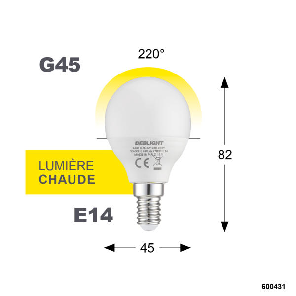 Ampoule g45 smd verre blanc e14 3w 2700k 240lm