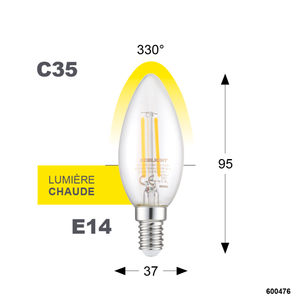 Ampoule c35 filament verre transparent e14 2,8w 2700k 250lm