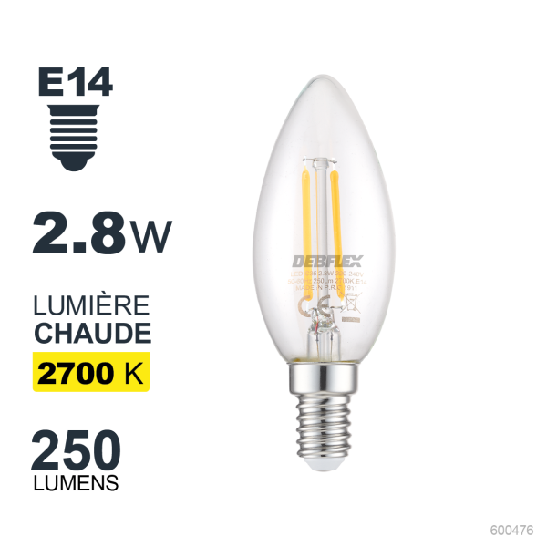 Ampoule c35 filament verre transparent e14 2,8w 2700k 250lm