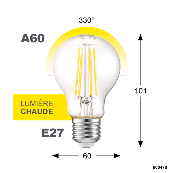 Ampoule a60 filament verre transparent e27 7w 2700k 810lm