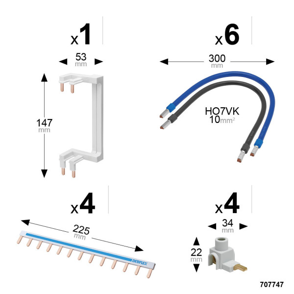 Kit de câblage Debflex 2 rangées (4 peignes reversibles bleu et noir, 4 bornes de connexion, 6 câbles surmoulÉs et 1 peigne verticale)