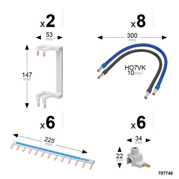 Kit de câblage Debflex 3 rangées (6 peignes reversibles bleu et noir,6bornes de connexion, 8 câbles surmoulÉs et 2 peignes verticaux)