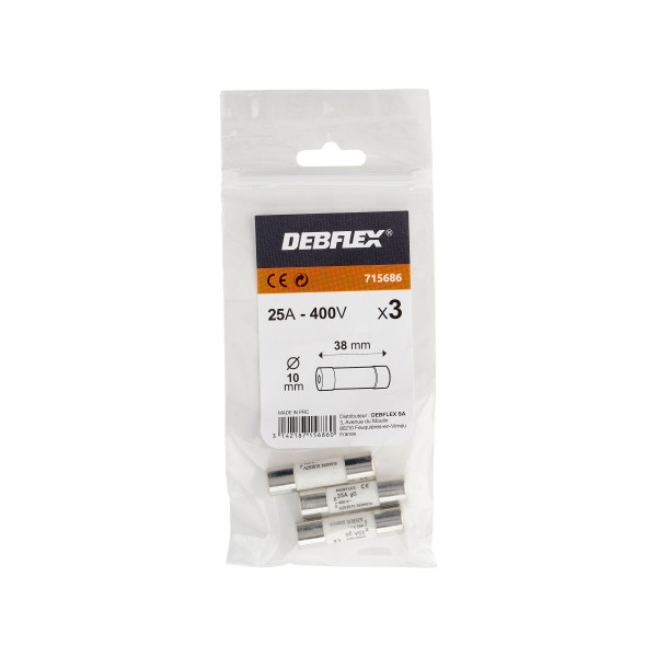 Sachet de 3 fusibles Debflex avec voyant 10,3x38 25a 380v