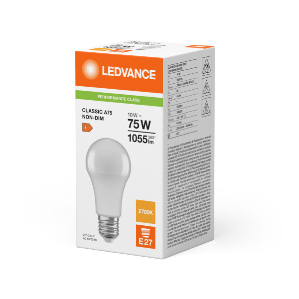 Led classic ledvance performance cla75 plastic 200° e27 10w 1055lm ra80 2700k