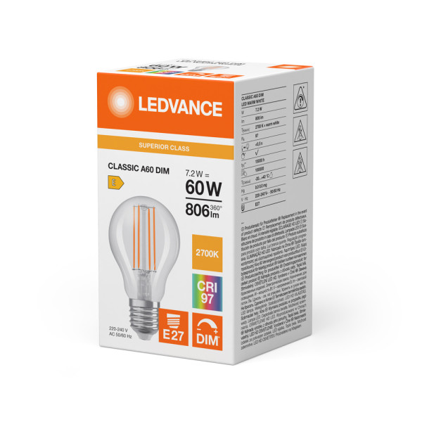 Led classic ledvance superior class cla60 verre 300° e27 7,2w 806lm ra97 2700k