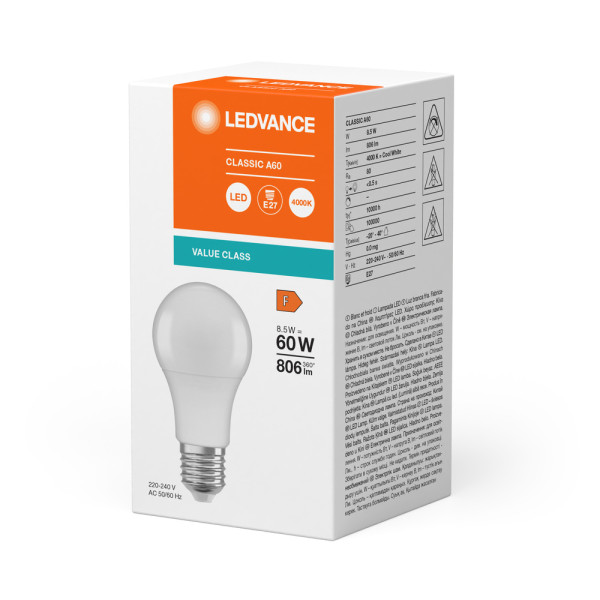 Led classic ledvance value cla60 dépolie e27 8,5w 840 806lm