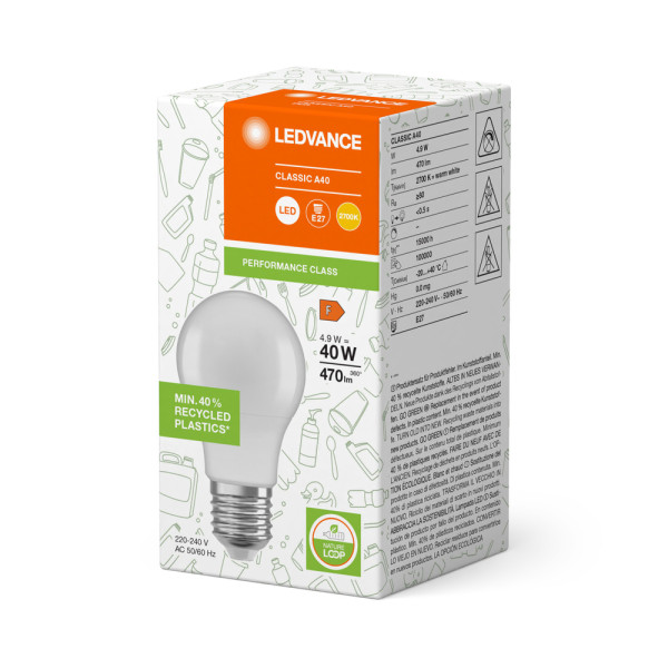 Led classic ledvance pcr cla40 dépolie e27 4,9w 840 470lm (plastique recyclé)