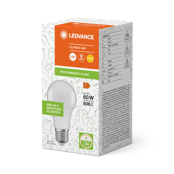 Led classic ledvance pcr cla60 dépolie e27 8,5w 827 806lm (plastique recyclé)