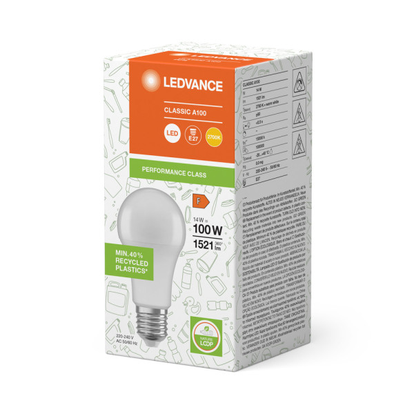 Led classic ledvance pcr cla100 dépolie e27 14w 827 1521lm (plastique recyclé)