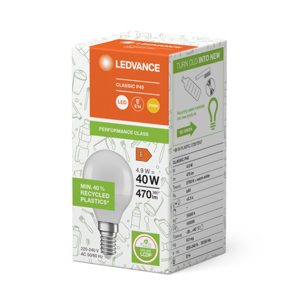 Led classic ledvance pcr clp40 dépolie e14 4,9w 827 470lm (plastique recyclé)