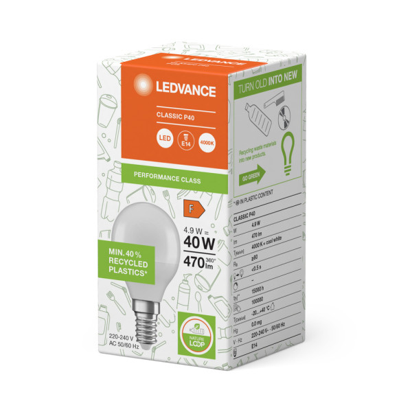 Led classic ledvance pcr clp40 dépolie e14 4,9w 840 470lm (plastique recyclé)