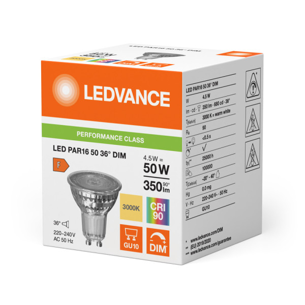 Led spot ledvance performance par16 50  verre 36° gu10 4,5w 350lm ra90 3000k