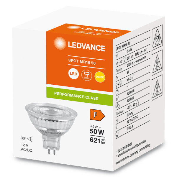 Led spot ledvance performance mr16 50 verre 36° gu5.3 6,5w 621lm ra80 3000k