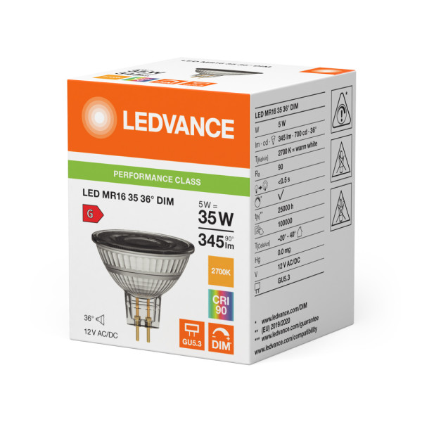 Led spot ledvance performance class mr16 35 verre 36° gu5.3 5w 345lm ra90 2700k