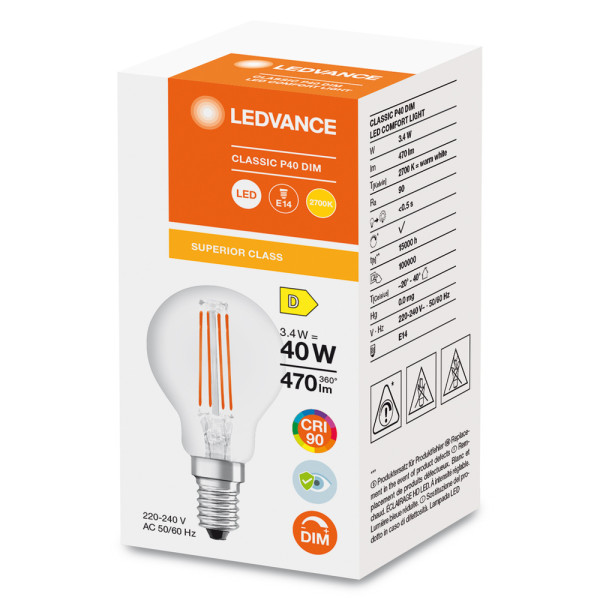 Led classic ledvance superior class clp40 verre 300° e14 3,4w 470lm ra90 2700k