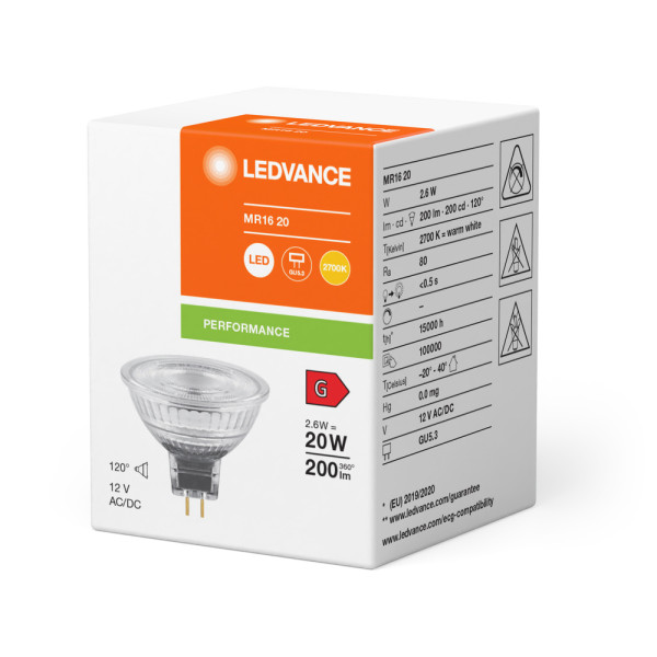 Led spot ledvance pfm mr16 20 claire verre 120° gu5.3 2,6w 200lm ra80 2700k