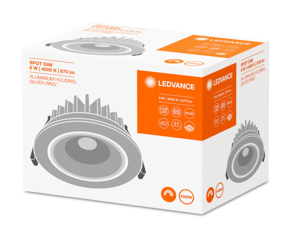 Ldv spot led fixe 8w/4000k 670lm alu dim ip44 ledvance